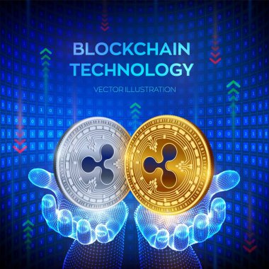 Dalgalanma. Blockchain. 3d Fiziksel bit sikke. Blok zinciri kavramı. Dijital para birimi. Elinde Ripple sembolü olan altın ve gümüş sikkeler. Kullanılabilir Cryptocurrency şablonu. Vektör çizimi.