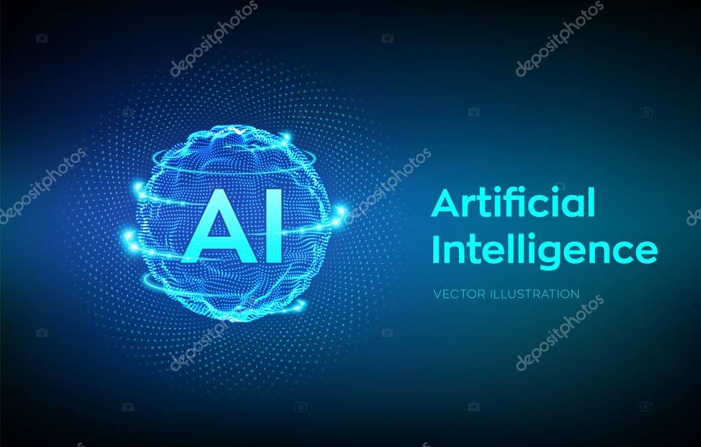 AI. Artificial Intelligence Logo. Artificial Intelligence and Machine Learning Concept. Sphere grid wave with binary code. Big data innovation technology. Neural networks. Vector illustration
