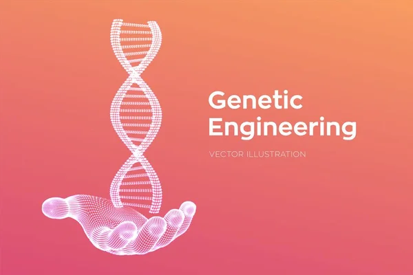 DNA sequentie in de hand. Wireframe DNA moleculen structuur mesh. Bewerkbare template over DNA-code. Wetenschaps-en technologie concept. Vector illustratie. — Stockvector