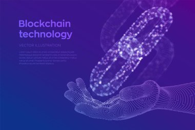 Blok zinciri. Kripto para birimi. Blockchain konsepti. Robotik elinde dijital bloklar ile 3d tel kafes zinciri. Kullanılabilir cryptocurrency şablonu. Stok vektör illüstrasyon.