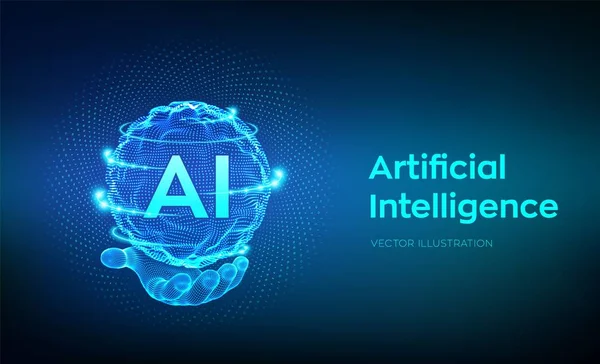 Ai. Sztuczna inteligencja logo w ręku. Sztuczna inteligencja i koncepcja uczenia maszynowego. Fala siatki kuli z kodem binarnym. Technologia innowacji Big Data. Sieci neuronowe. Ilustracja wektorowa. — Wektor stockowy