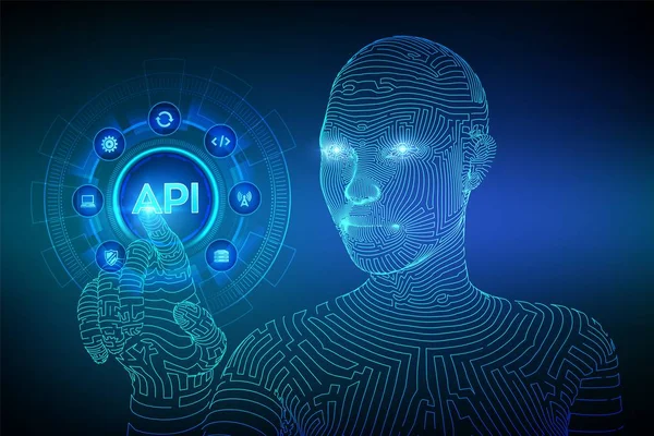 API. Интерфейс прикладного программирования, инструмент разработки программного обеспечения, информационные технологии и бизнес-концепция на виртуальном экране. Проволочная киборг рука касается цифрового интерфейса. ИИ. Вектор . — стоковый вектор