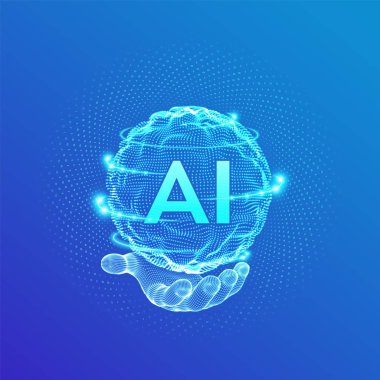 Aı. Elinde Yapay Zeka Logosu. Yapay Zeka ve Makine Öğrenimi Kavramı. İkili kodlu küre ızgara dalgası. Büyük veri yenilik teknolojisi. Sinir ağları. Vektör çizimi.