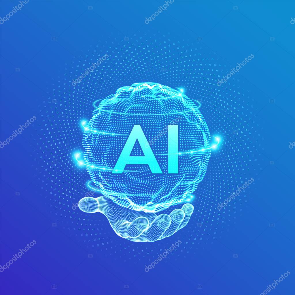 AI. Artificial Intelligence Logo in hand. Artificial Intelligence and Machine Learning Concept. Sphere grid wave with binary code. Big data innovation technology. Neural networks. Vector illustration
