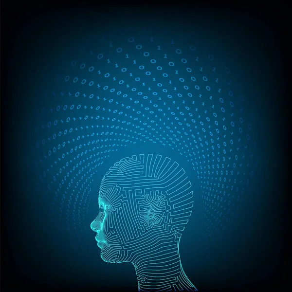 L'IA. Concept d'intelligence artificielle. Cerveau numérique Ai. Un visage humain numérique abstrait. Tête humaine dans l'interprétation numérique robotisée par ordinateur. Concept de robotique. Concept de tête filaire. Illustration vectorielle. — Image vectorielle