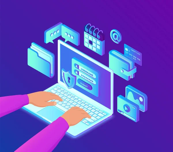 Data protection. Open laptop with authorization form on screen, personal data protection. Isometric hands on the laptop keyboard. System of authentication. 3d isometric design. Vector illustration. — Stock Vector