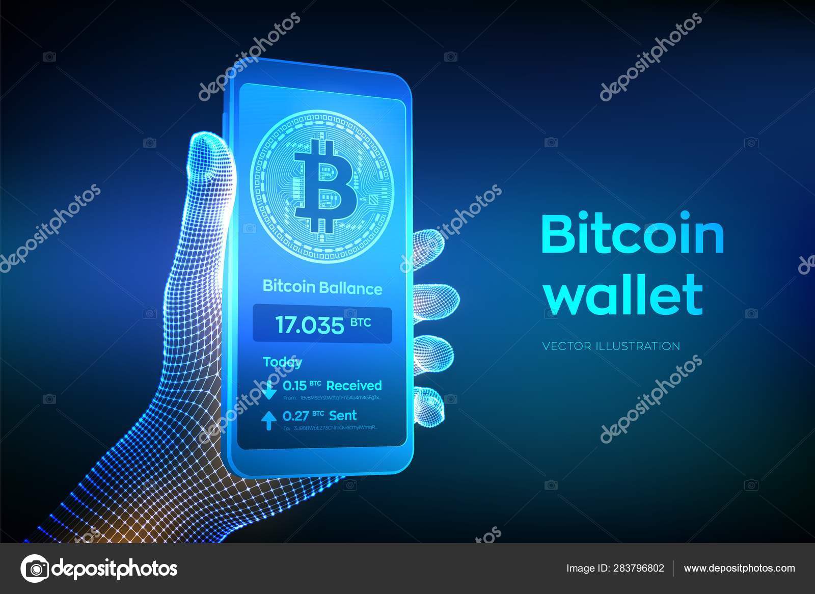 Antarmuka dompet bitcoin pada layar smartphone. Pembayaran cryptocurrency  dan blockchain teknologi berbasis konsep uang digital. Tutup telepon  genggam di tangan wireframe. Ilustrasi vektor . Vektor Stok oleh  ©IuriiMotov 283796802