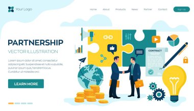 Ortaklık kavramı. Yaratıcı projelerin finansmanı. İki iş adamının tokalaşması. Partilerin anlaşması. Belgeleri imzalıyorum. Yatırımcı fikirlere para yatırıyor. İş ekibi. Vektör illüstrasyonu.