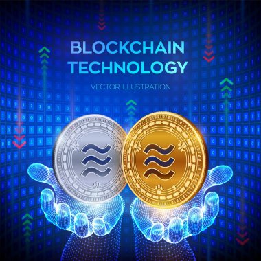Terazi. Blockchain. 3d Fiziksel bit sikke. Blok zinciri kavramı. Dijital para birimi. Elinde Terazi sembolü olan altın ve gümüş sikkeler. Kullanılabilir Cryptocurrency şablonu. Vektör çizimi.