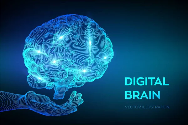 Cerebro. Cerebro digital en la mano. Concepto de Ciencia y Tecnología 3D. Red neuronal. Pruebas de inteligencia artificial, tecnología de la ciencia de la emulación virtual. Una lluvia de ideas. Ilustración vectorial . — Vector de stock