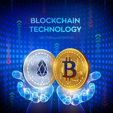 Bitcoin. Eos. Blockchain. 3d Fiziksel bit sikke. Blok zinciri kavramı. Elinde Bitcoin ve Eos sembolü bulunan altın ve gümüş sikkeler. Kullanılabilir Cryptocurrency şablonu. Vektör çizimi.