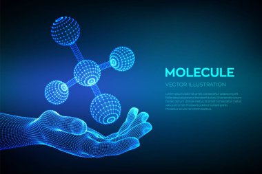 Elinde molekül var. DNA, atom, nöronlar. Moleküller ve kimyasal formüller. Tıp, bilim, teknoloji, kimya, biyoloji için 3d Bilimsel molekül arka plan. Vektör çizimi.