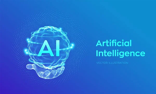 Ai. Sztuczna inteligencja logo w ręku. Sztuczna inteligencja i koncepcja uczenia maszynowego. Fala siatki kuli z kodem binarnym. Technologia innowacji Big Data. Sieci neuronowe. Ilustracja wektorowa. — Wektor stockowy