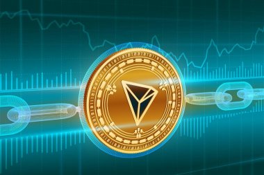 Kripto para birimi. Blok zinciri. Tron. Tel kafes zincirli 3d izometrik Fiziksel altın Tron sikkesi. Blockchain konsepti. Kullanılabilir Cryptocurrency şablonu. Stok vektör illüstrasyon.