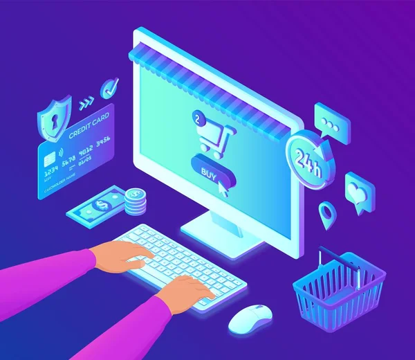 Online shopping. 3D isometric online store. Shopping Online on Website or Mobile Application. Isometric hands on the keyboard. Bank card, money and shopping bag. Vector illustration. — Stock Vector