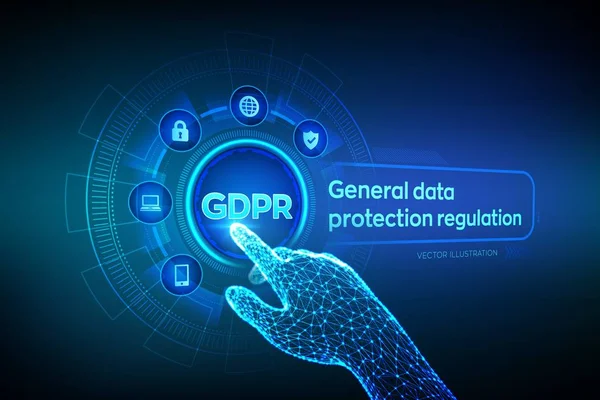 RGPD. Reglamento general de protección de datos. Concepto de seguridad cibernética y privacidad en pantalla virtual. Protección de datos personales. Mano robótica tocando interfaz digital. Ilustración vectorial . — Vector de stock