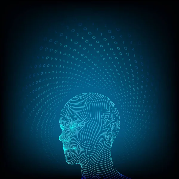 Al. Sztuczna inteligencja. Cyfrowy mózg. Streszczenie cyfrowej ludzkiej twarzy. Ludzka głowa w komputerowej interpretacji robota. Koncepcja robotyki. Koncepcja głowicy drutu. Ilustracja wektora. — Wektor stockowy