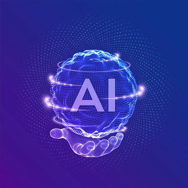 ИИ. Логотип искусственного интеллекта в руке. Концепция искусственного интеллекта и машинного обучения. Сферная сетевая волна с двоичным кодом. Инновационные технологии больших данных. Нейронные сети. Векторная иллюстрация . — стоковый вектор