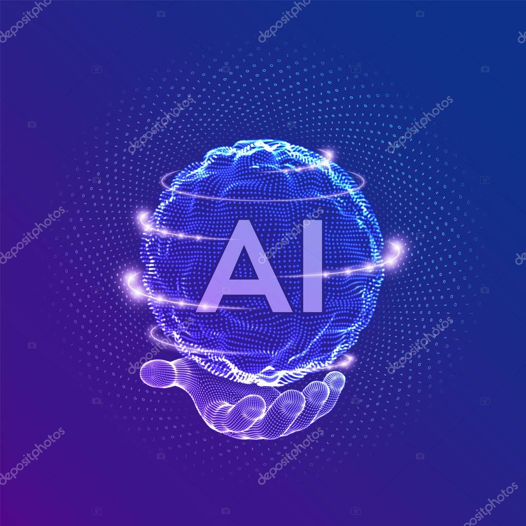 AI. Artificial Intelligence Logo in hand. Artificial Intelligence and Machine Learning Concept. Sphere grid wave with binary code. Big data innovation technology. Neural networks. Vector illustration