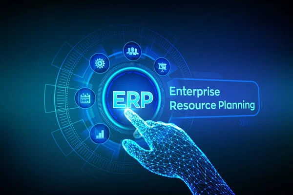 ERP. Enterprise resource planning business and modern technology concept on virtual screen. Corporate Company Management Business. Robotic hand touching digital interface. Vector illustration.
