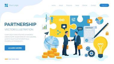Ortaklık kavramı. Yaratıcı projelerin finansmanı. İki iş adamının tokalaşması. Partilerin anlaşması. Belgeleri imzalıyorum. Yatırımcı fikirlere para yatırıyor. İş ekibi. Vektör illüstrasyonu.