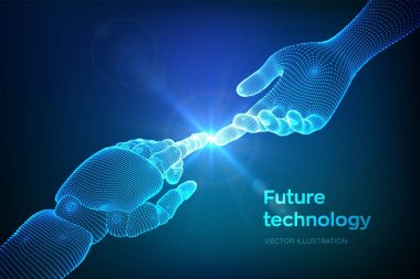 Robotun Elleri ve İnsan Dokunuşu. Cyborg parmağı insan parmağına dokunmak üzere. İnsanlar ve yapay zeka arasındaki bağlantının sembolü. Bilim, gelecek teknolojisi. Vektör İllüstrasyonu.