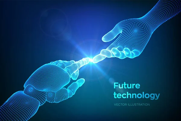 Hands of Robot and Human Touching. El dedo cyborg a punto de tocar el dedo humano. Símbolo de conexión entre las personas y la inteligencia artificial. Ciencia, tecnología del futuro. Ilustración vectorial. — Vector de stock