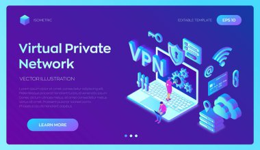 VPN. sanal özel ağ. Veri şifrelemesi, IP yerine. Güvenli VPN bağlantı kavramı. Siber güvenlik ve gizlilik, Izometrik kişisel veri koruması. Gizlilik Koruması. Vektör Illustration.