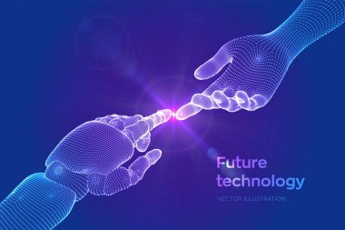 Robotun Elleri ve İnsan Dokunuşu. Cyborg parmağı insan parmağına dokunmak üzere. İnsanlar ve yapay zeka arasındaki bağlantının sembolü. Bilim, gelecek teknolojisi. Vektör İllüstrasyonu.