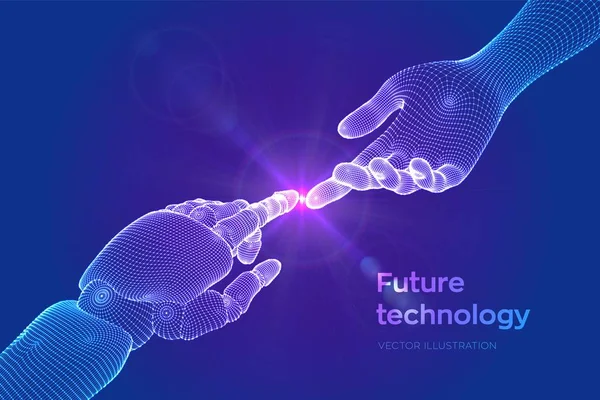 Hands of Robot and Human Touching. El dedo cyborg a punto de tocar el dedo humano. Símbolo de conexión entre las personas y la inteligencia artificial. Ciencia, tecnología del futuro. Ilustración vectorial. — Vector de stock