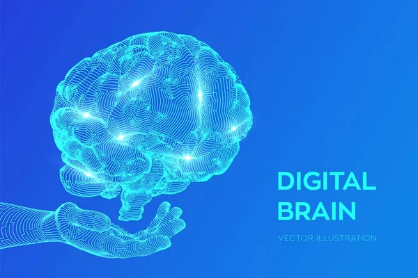 Mózgu. Cyfrowy mózg w ręku. koncepcja nauki i technologii 3D. Sieć neuronowa. IQ testing, sztuczna inteligencja wirtualna technologia emulacji nauki. Brainstorm myśleć pomysł. Ilustracja wektorowa. — Wektor stockowy