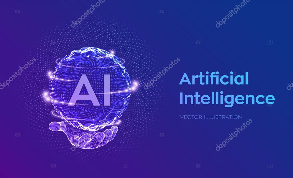 AI. Artificial Intelligence Logo in hand. Artificial Intelligence and Machine Learning Concept. Sphere grid wave with binary code. Big data innovation technology. Neural networks. Vector illustration