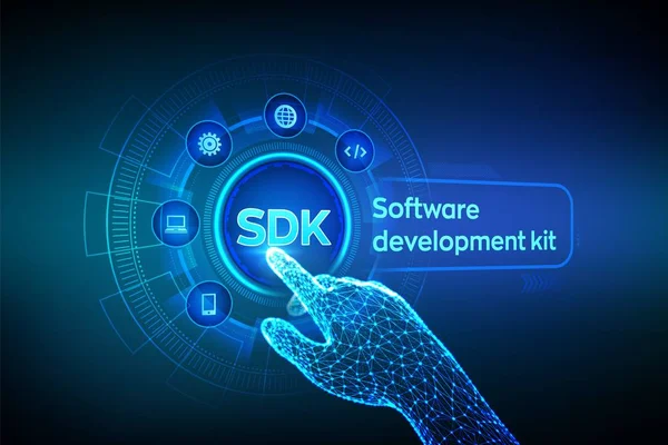 Sdk. Software Development Kit Programmiersprache Technologie-Konzept auf virtuellem Bildschirm. Technologiekonzept. Roboterhand berühren digitale Schnittstelle. Vektorillustration. — Stockvektor