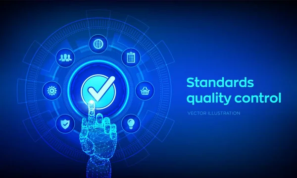 Norme ISO garanzia di controllo qualità concetto di tecnologia aziendale di garanzia. Concetto di servizio dell'industria di certificazione di standardizzazione ISO. Mano robotica che tocca l'interfaccia digitale. Illustrazione vettoriale. — Vettoriale Stock