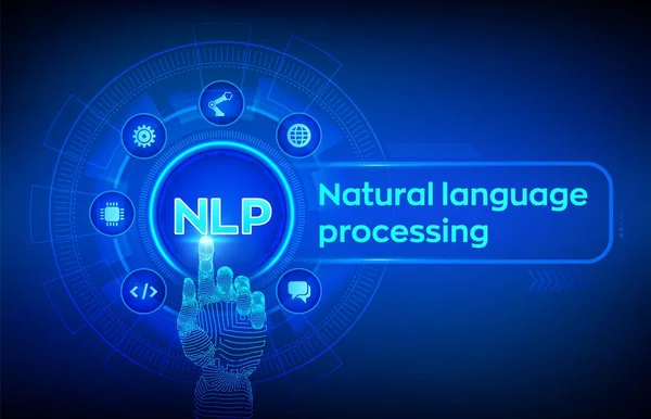 NLP. sanal ekranda doğal dil işleme bilişsel bilgi işlem teknolojisi kavramı. Doğal dil scince kavramı. Robotik El dokunmadan dijital arayüz. Vektör Illustration.