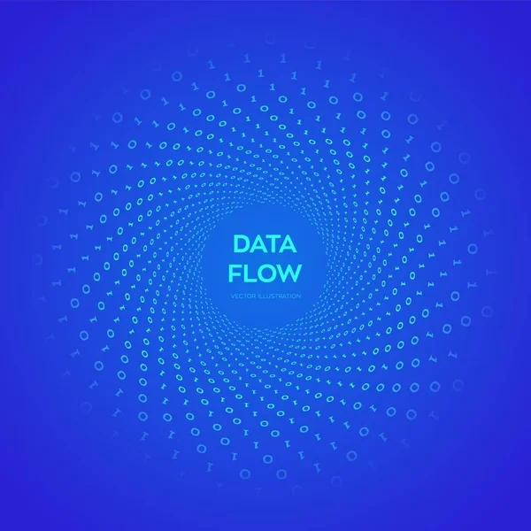 Flusso di dati. Codice digitale. Flusso di dati binari. Curvatura tunnel virtuale. Codifica, programmazione o concetto di hacking. Illustrazione informatica con 1 e 0 simboli ripetizioni. Illustrazione vettoriale. — Vettoriale Stock