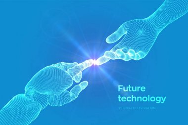 Robotun Elleri ve İnsan Dokunuşu. Cyborg parmağı insan parmağına dokunmak üzere. İnsanlar ve yapay zeka arasındaki bağlantının sembolü. Bilim, gelecek teknolojisi. Vektör İllüstrasyonu.