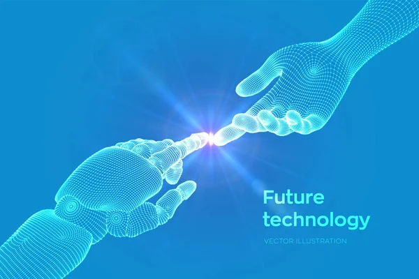 Hands of Robot and Human Touching. El dedo cyborg a punto de tocar el dedo humano. Símbolo de conexión entre las personas y la inteligencia artificial. Ciencia, tecnología del futuro. Ilustración vectorial. — Archivo Imágenes Vectoriales