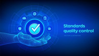 Iso standartları kalite kontrol garantisi iş teknolojisi kavramı. Iso standardizasyon belgelendirme sanayi hizmet konsepti. Robotik elde kabul edilen işaret. Vektör çizimi.