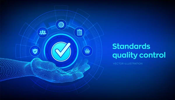 ISO стандарти контролю якості гарантії гарантія бізнес-технологій концепцію. Концепція індустрії сертифікації стандартизації в ISO. Прийнято підписати в роботизованої руці. Векторна ілюстрація. — стоковий вектор