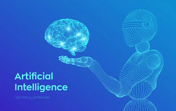 Ai. Sztuczna inteligencja. AI w postaci kobiety Cyborg lub bot. Robot szkieletowy. Cyfrowy mózg. Mózg w ręce robota. Uczenie maszynowe. Koncepcja projektowania graficznego przyszłości. Ilustracja wektorowa. — Wektor stockowy