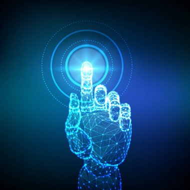 Robotik el dijital arayüze dokunuyor. Sanal gerçeklik. Gelecekteki düşük poli tel çerçevesine dokunun. İletişim dünyası veya siber güvenlik kavramı. Çokgen örgü. Fütüristik bir kavram. Vektör çizimi