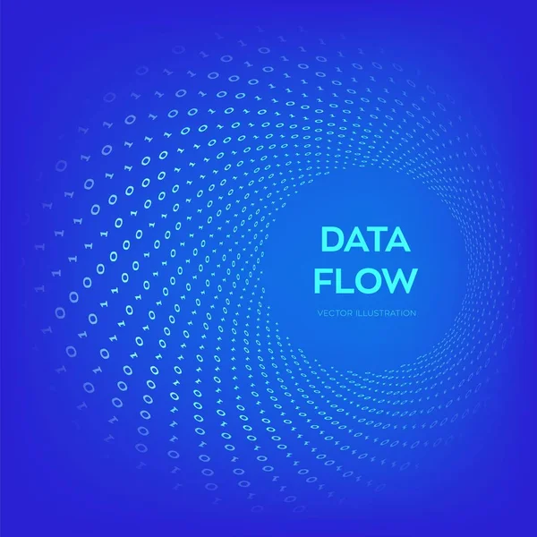 Datenfluss. Digitaler Code. binärer Datenfluss. Big Data. virtueller Tunnelverzug. Codierung, Programmierung oder Hacking-Konzept. Informatik-Illustration mit Wiederholungen von 1 und 0 Symbolen. Vektorillustration. — Stockvektor