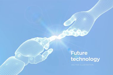 Robotun Elleri ve İnsan Dokunuşu. Cyborg parmağı insan parmağına dokunmak üzere. İnsanlar ve yapay zeka arasındaki bağlantının sembolü. Bilim, gelecek teknolojisi. Vektör İllüstrasyonu.