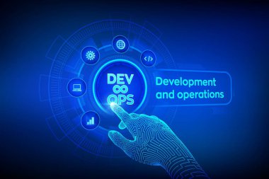 Devops, ne kadar iyi. Sanal ekranda çevik geliştirme ve optimizasyon konsepti. Yazılım mühendisliği. Yazılım geliştirme uygulamaları metodolojisi. Robotik el dijital arayüze dokunuyor. Vektör çizimi.