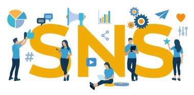 SNS. Sosyal Ağ Servisi, insanların sosyal ağlar ya da diğer insanlarla sosyal ilişkiler kurmak için kullandıkları çevrimiçi bir platformdur. Simgeli ve karakterli düz vektör illüstrasyonu.