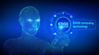 Edge bilgisayar modern it teknolojisi sanal ekran kavramı. Edge bilgi işlem endüstrisi 4.0 kavramı. Nesnelerin interneti. Tel çerçeveli cyborg el dijital arayüz dokunmadan. Vektör çizimi.