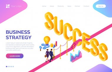 Başarıya giden yol. İş Stratejisi. İşadamı ve İşkadını elinde evrak çantasıyla kırmızı halıda yürüyerek başarıya ulaşıyor. İş liderliği için strateji ve çözümler. Vektör İllüstrasyonu.