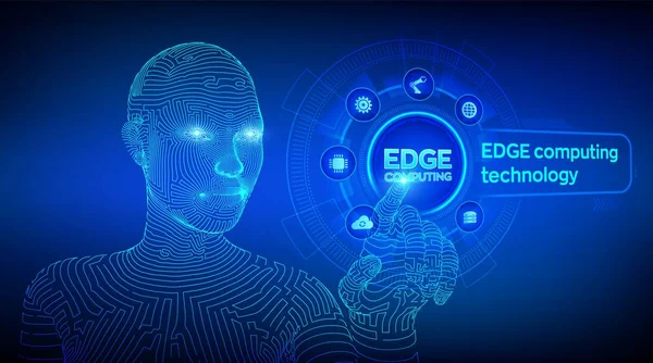Edge вычисляет современные ИТ технологии на концепции виртуального экрана. Концепция Edge computing industry 4.0. Интернет вещей. Проволочная киборг рука касается цифрового интерфейса. Векторная иллюстрация . — стоковый вектор