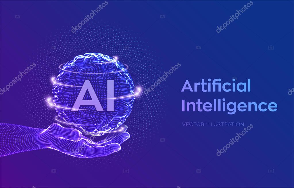 AI. Artificial Intelligence Logo in hand. Artificial Intelligence and Machine Learning Concept. Sphere grid wave with binary code. Big data innovation technology. Neural networks. Vector illustration